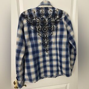 Roar Y2K Western Blue Plaid Embroidered Embellished Rodeo Shirt M